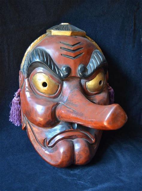 Japanese Wood And Lacquer Tengu Mask From Shinto Temple Ceramics