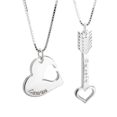 Couples Necklce Set - Heart and Arrow Engraved Name Necklaces