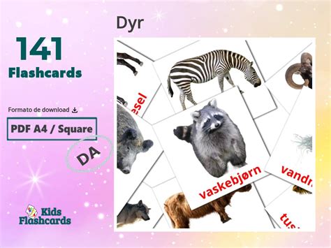 141 Flashcards de Animais GRÁTIS em Dansk 4 PDFs imprimíveis