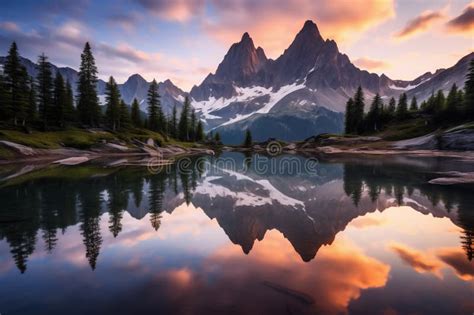 Serene Mountain Lake At Dawn Surrounded By Towering Peaks And Mirrored