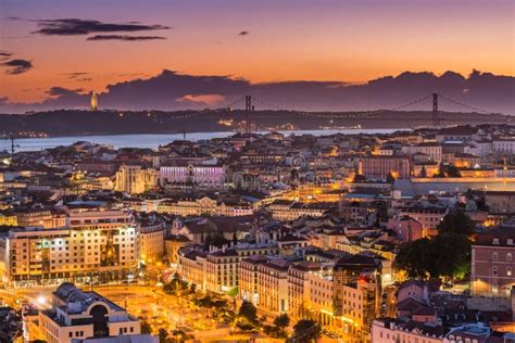 Evening Panorama Of Lisbon Portugal Picturesque Sunset Over The