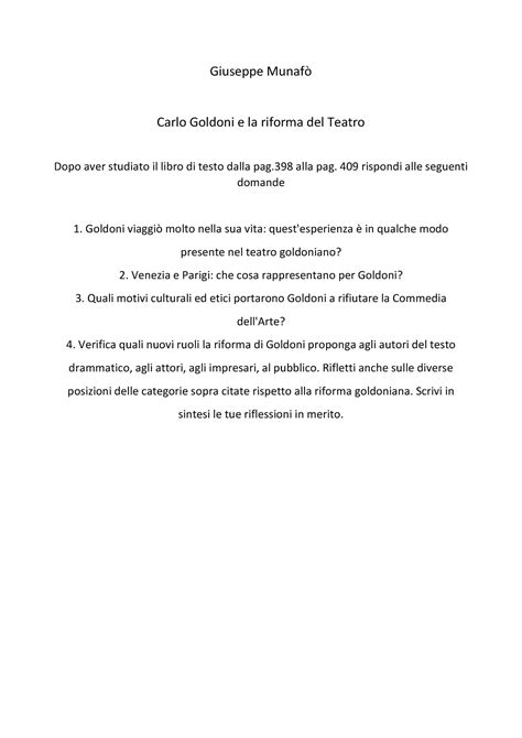 Questionario su Carlo Goldoni e la riforma del Teatro Giuseppe Munafò