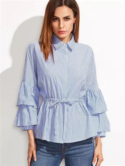 Layered Bell Sleeve Pinstripe Drawstring Waist Blouse