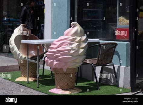 Unusual Soft Serve Ice Cream Chairs Outside A Restaurant On Broadway In