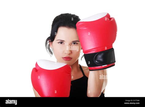 Boxing Fitness Woman Wearing Red Boxing Gloves Isolated On White Stock