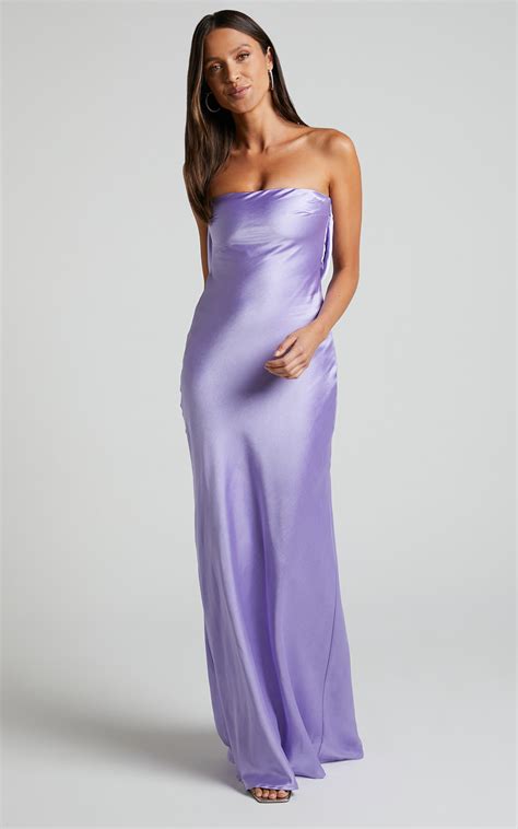 Charlita Maxi Dress Strapless Cowl Back Satin Dress In Lilac Showpo