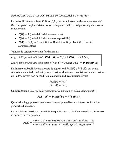 Formulario Di Calcolo Delle Probabilità E Statistica Formulario Di