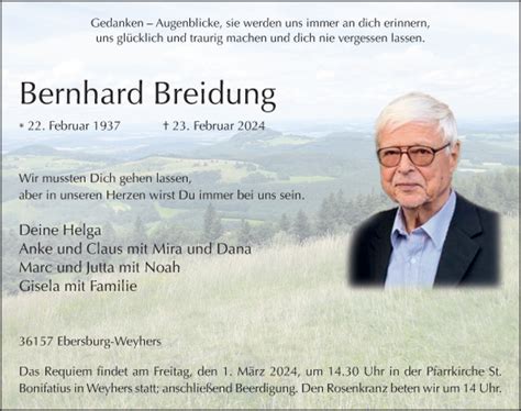 Traueranzeigen Von Bernhard Breidung Trauer36 De