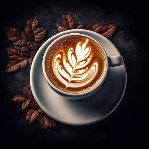 Premium Photo Cup Of Coffee With Latte Art On Dark Background Top View