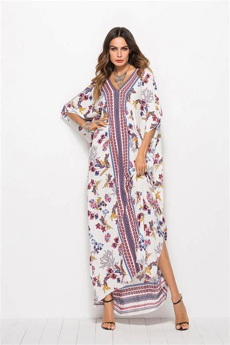 2019 Summer Sexy Women Beach Dress Batwing Sleeve Long Print Dress Boho