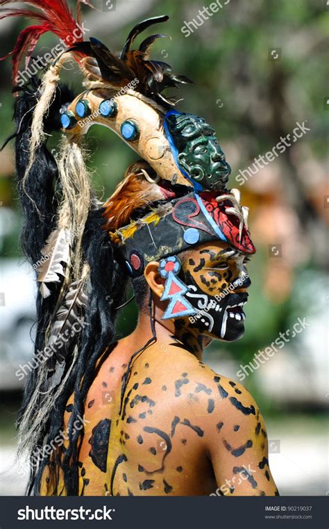 Tulum Mexico February 17 Mayan Warrior In Traditional Dress