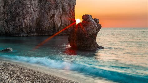 Wallpaper Landscape Depth Of Field Sunset Sea Rock Shore Sand