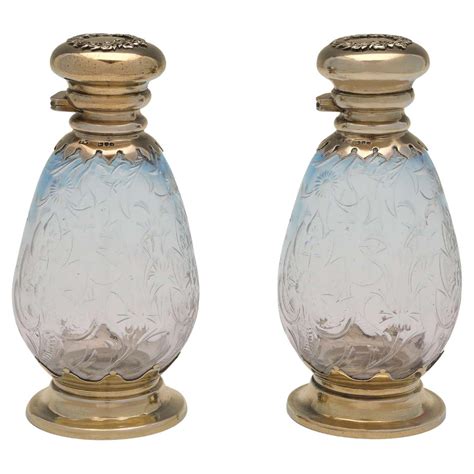 Pair Of Antique Gilt Sterling Silver And Etched Glass Perfume Bottles