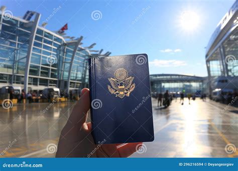 Hand Holding A Passport Standing In Front Of An Airplane Stock