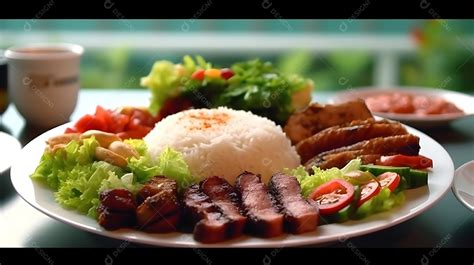 Prato De Comida Arroz Carne Salada Molho Sobre Uma Mesa De Restaurante