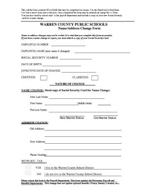 Fillable Online Name Address Change Form Warren County Schools Fax