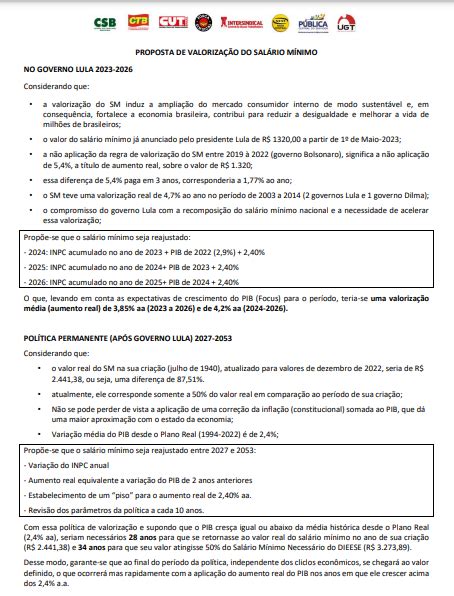 Centrais sindicais apresentam proposta de valorização do salário mínimo