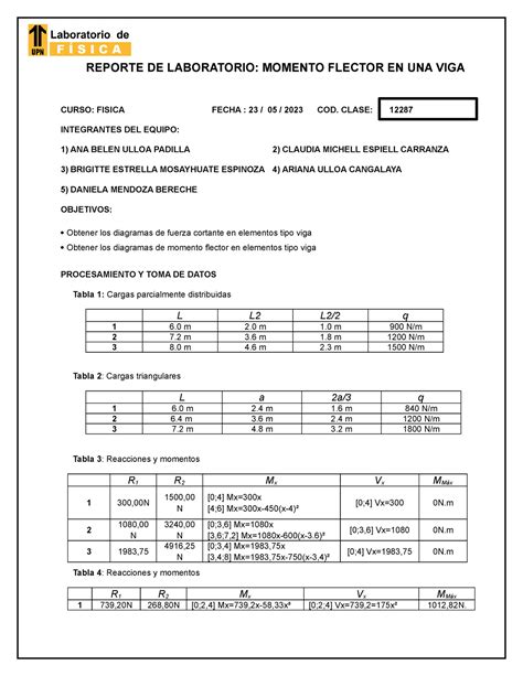 Reporte Lab Fisiarq S Mf Reporte De Laboratorio Momento Flector En