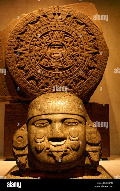 Aztec Sculpture With Aztec Calendar Stone In Background Sala Mexica