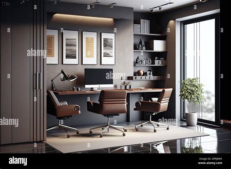 Corner of grey and brown office interior with desk, stylish niche, cabinets, panoramic view ...