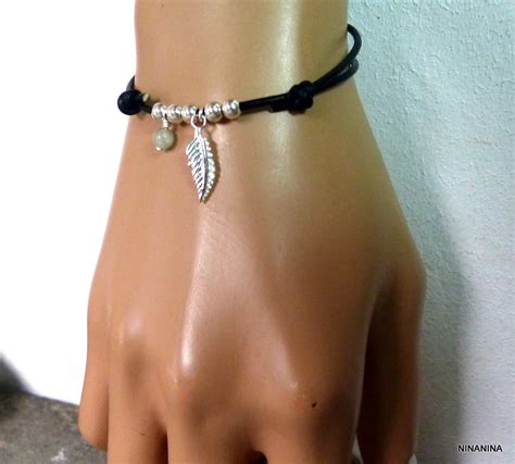 Bracelet Plume Argent Aiguemarine Cordon R Glable Ninanina