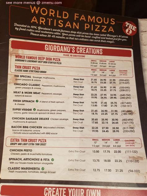 Menu at Giordano's pizzeria, Canton