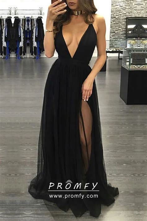 Sexy Plunging Neckline Thigh High Split Black Tulle Prom Dress