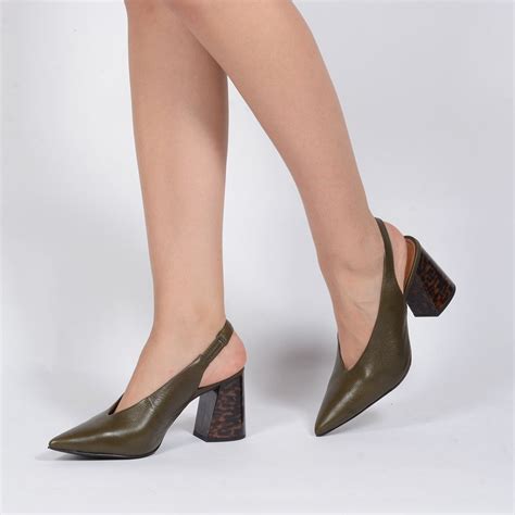 Slingback Couro Verde Militar Salto Bloco Loucos Santos Loja