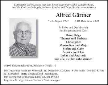 Traueranzeigen von Alfred Gärtner trauer36 de