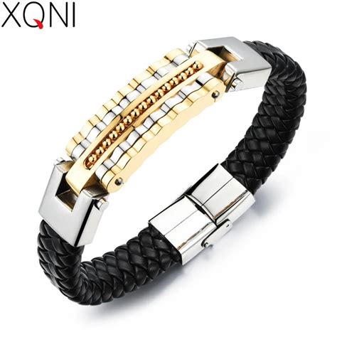 XQNI Pulsera De Cuero Negro Para Hombre Brazalete De Acero Inoxidable