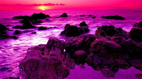 Purple Beach Rocks Ocean Sunset Waves Sky Beach Rays Purple