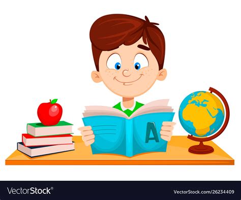 Cute Boy Sitting At Table And Reading Abc Book Vector Image