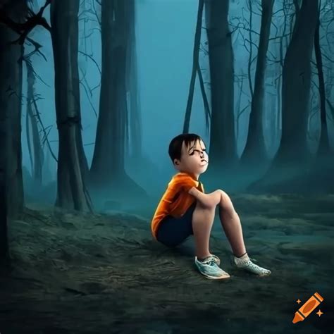 Boy Sitting Alone In A Dark Forest At Night On Craiyon