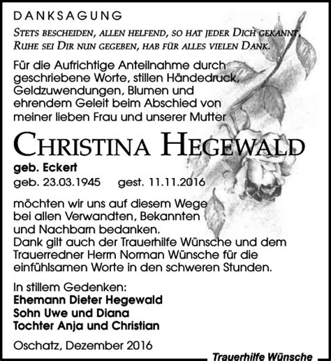 Traueranzeigen Von Christina Hegewald Trauer Anzeigen De