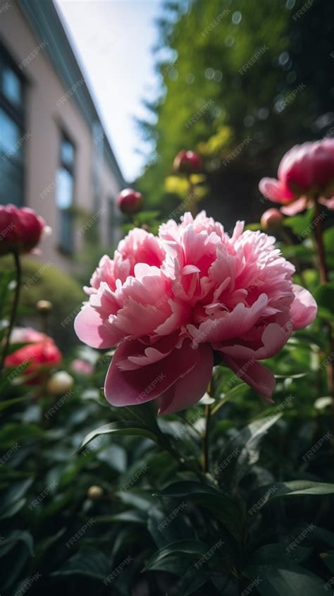 Premium AI Image | A pink peony in a garden with a house in the background