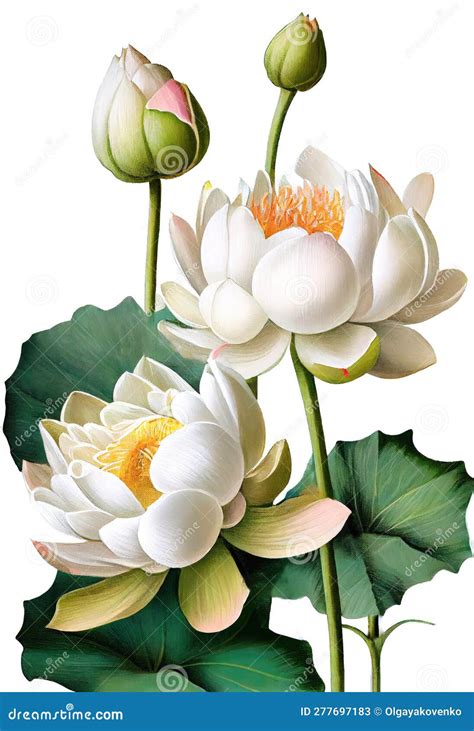 White Lotus Flower Drawing Isolated on White Background. Watercolor ...