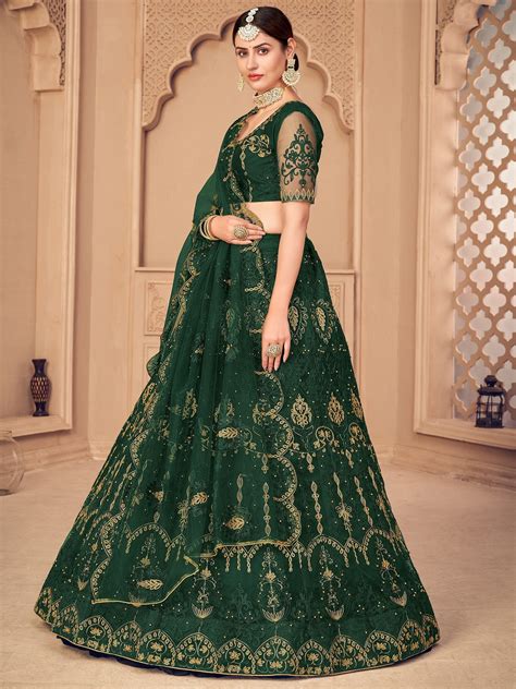 Dark Green Net Lehenga Choli With Laddi Mughal Motif Embellished Thread