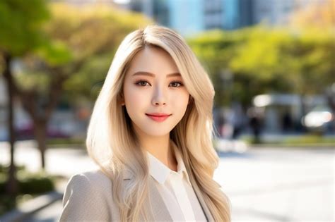 Premium AI Image Asian Woman With Blonde Hair And White Shirt