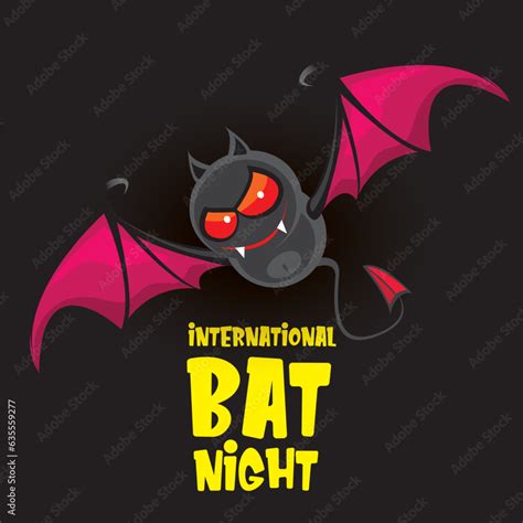 International bat night banner or poster with cartoon bat on black ...