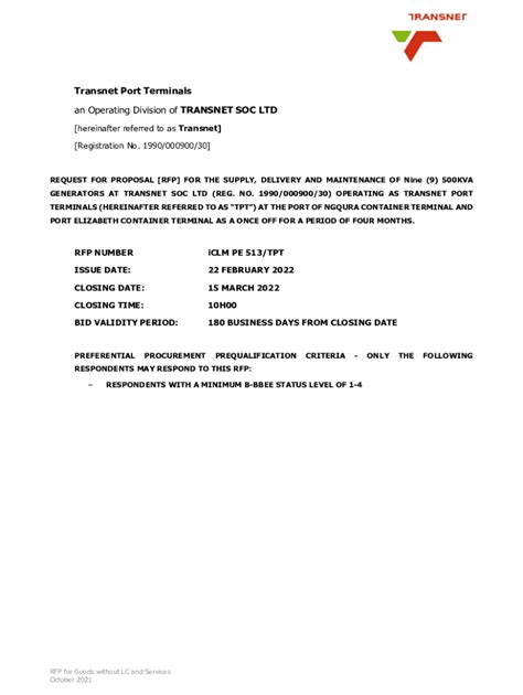 Fillable Online Transnet Port Terminals An Operating Division Of