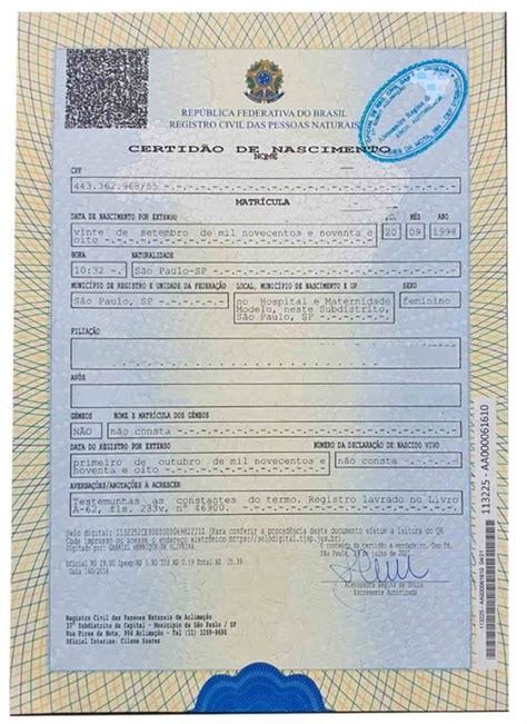 Certid O De Nascimento No Documento Documento No Brasil