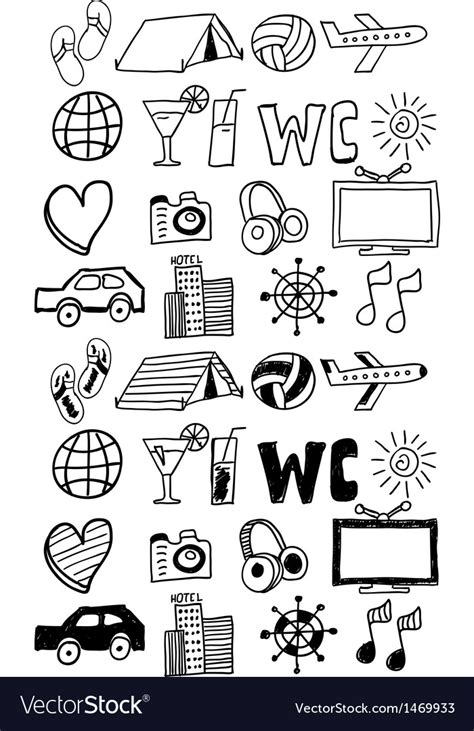 Travel Icons Set Doodles Hand Drawn Royalty Free Vector