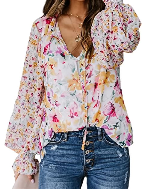 Bohemian Floral Print Lantern Sleeve Blouse Long Sleeve V Temu Australia