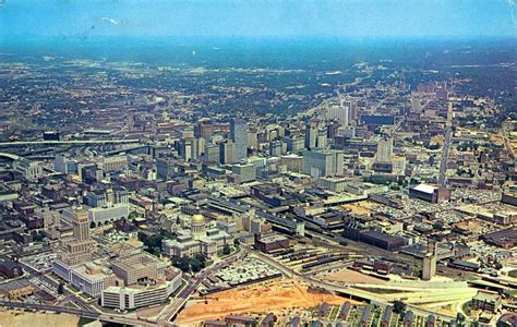 Aerial postcard photo of downtown looking north