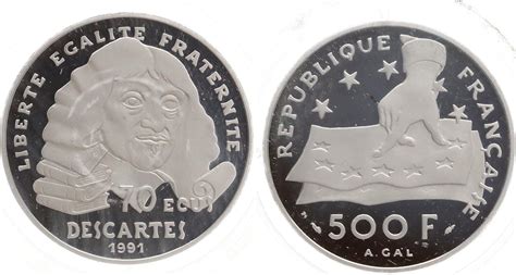 Frankreich 500 Francs 70 Ecu 1991 Descartes Platin nur 2000 Stück