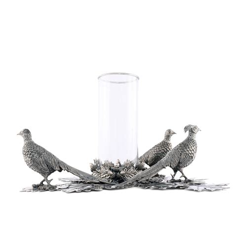 Vagabond House Pewter Pheasants Pillar Hurricane Centerpiece