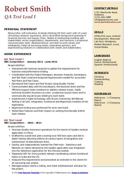 Qa Test Lead Resume Samples Qwikresume