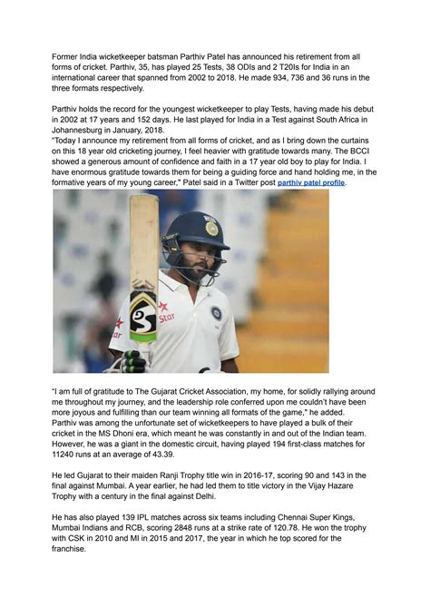 Parthiv Patel Biography | Family| Career | IPL by suresh sen - Issuu