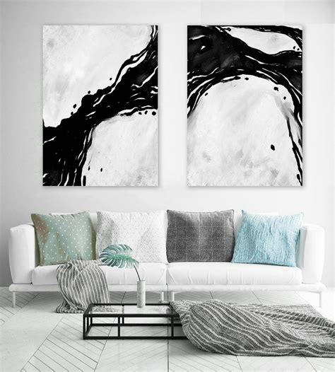 Set Of 2extra Large Minimal Abstract Artblack And Whitelarge