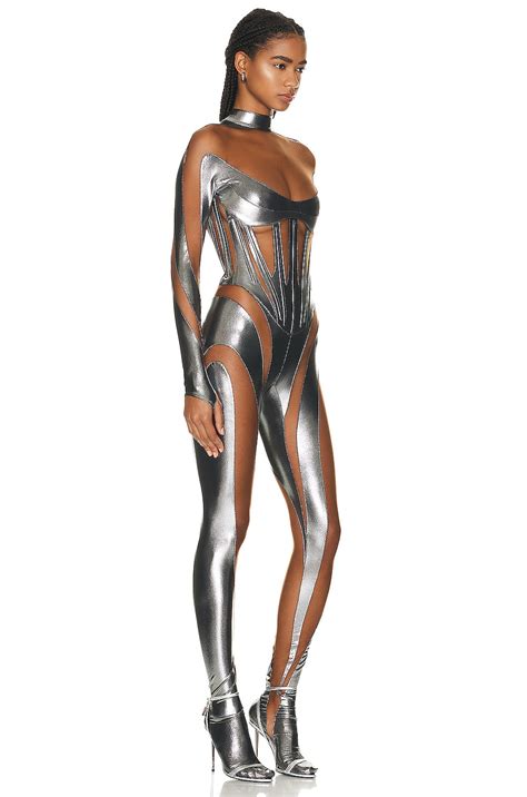 Mugler Gloved Catsuit In Chrome Silver Nude 02 FWRD